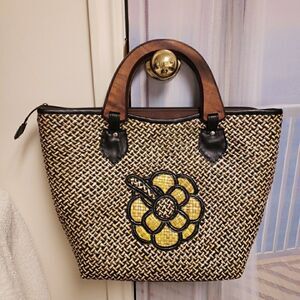 Tan & Yellow Woven Straw Tote Bag with Oval Wood Handles Stylish Summer Beach